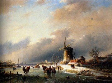 凍った川の風景の上でスケートをするフィギュア ヤン・ジェイコブ・コーエンラード・シュポーラー Oil Paintings